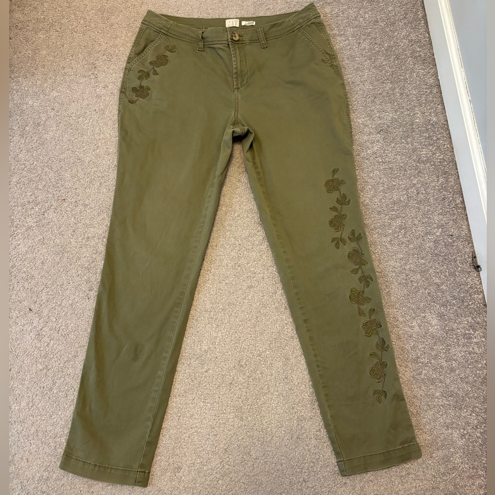A New Day Olive Green Floral Embroidered Slim Pants